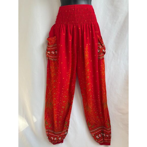 Red Harem Pants Thailand Pull On Ethnic Boho Yogi Bohemian Pockets Buddhist OS - Picture 1 of 9